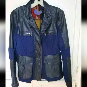 ETRO Italian Pelle Leather & Woven Silk Moto Jacket, Made In Italy,Sz  44, Navy